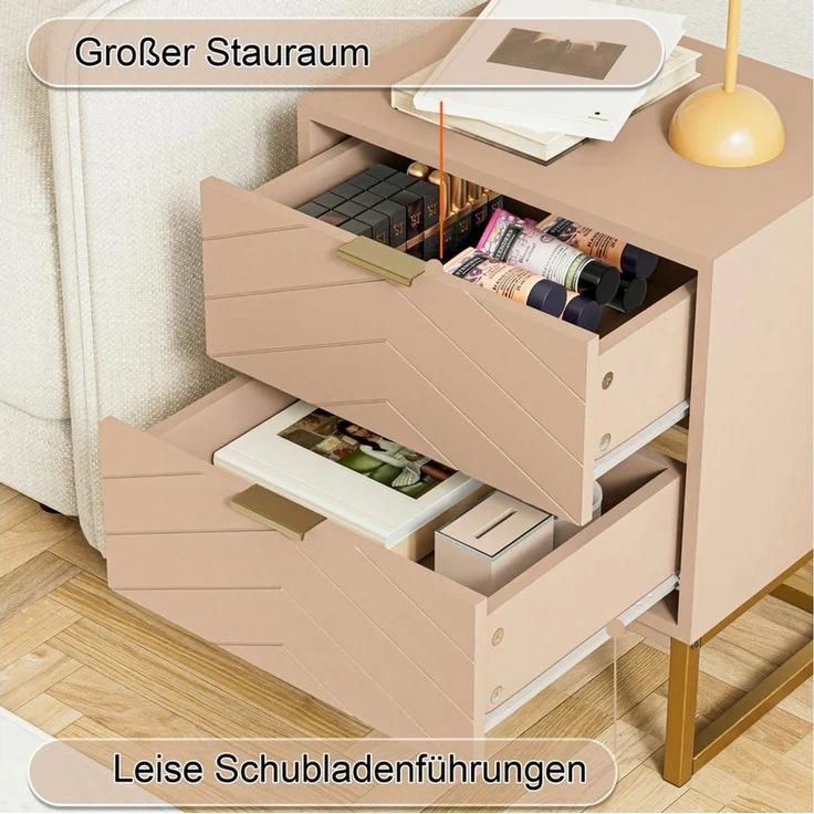UEV Nachttisch 2er Set, Nachtkommode mit Schubladen (Nachtschrank mit 2 Schubladen für Kinderzimmer/Schlafzimmer/Wohnzimmer), kleine Beistelltisch Sofatisch mit Kippschutz & Metallbeine – Bild 4
