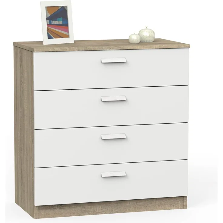 Muebles Pitarch | Kommode 4 Schubladen mit Metallführungen, Schlafzimmerkommode, Weiß und Cambrian Eiche, 78 x 74 x 40 cm (Höhe x Breite x Tiefe), Kollektion Tibet