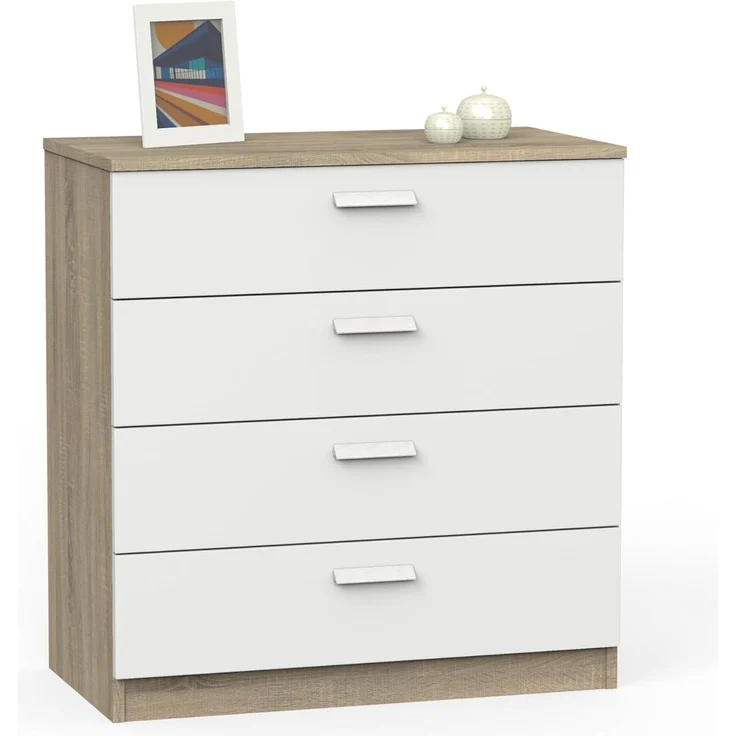 Muebles Pitarch | Kommode 4 Schubladen mit Metallführungen, Schlafzimmerkommode, Weiß und Cambrian Eiche, 78 x 74 x 40 cm (Höhe x Breite x Tiefe), Kollektion Tibet – Bild 1