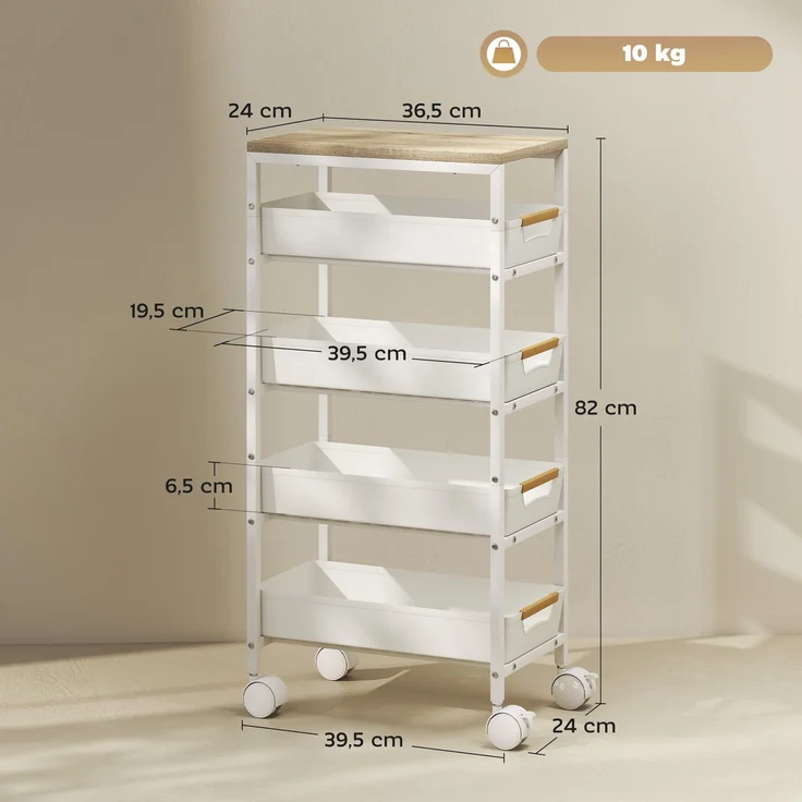 HOMCOM Küchenwagen, Metall, Kunststoff, Weiß, 39,5L x 24B x 82H cm – Bild 3