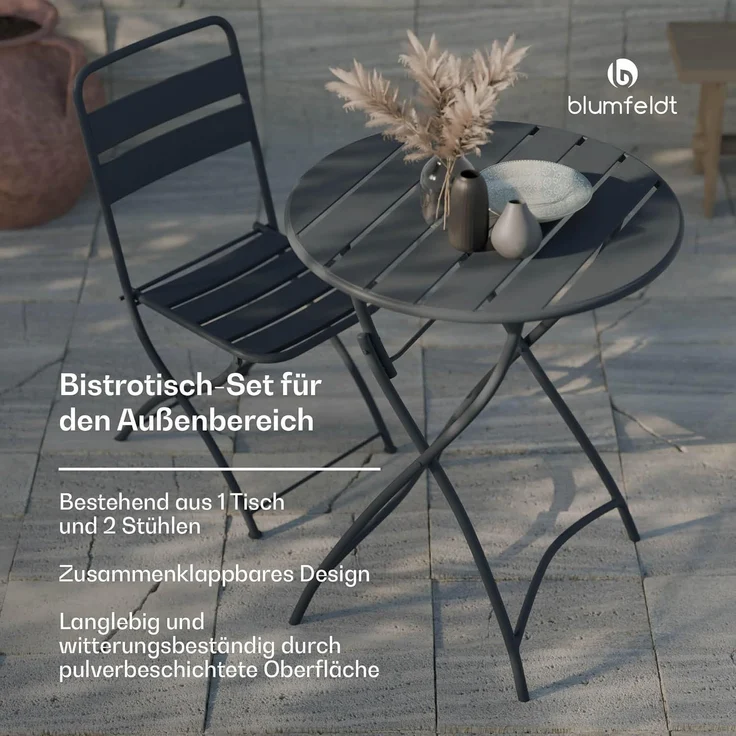 Blumfeldt Bistrotisch Mit Stühlen – 60 cm Rund Klappbar, Wetterfester Stahl, Outdoor-Set, Platzsparend, Ideal Für Garten, Balkon, Terrasse, Modernes Design, 2 Stühle Inklusive – Bild 3