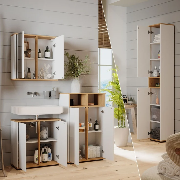 Badmöbel-Set Didi Weiß/Artisan 4 Teile, mit Hochschrank und Midischrank mit Türen Vicco – Bild 5