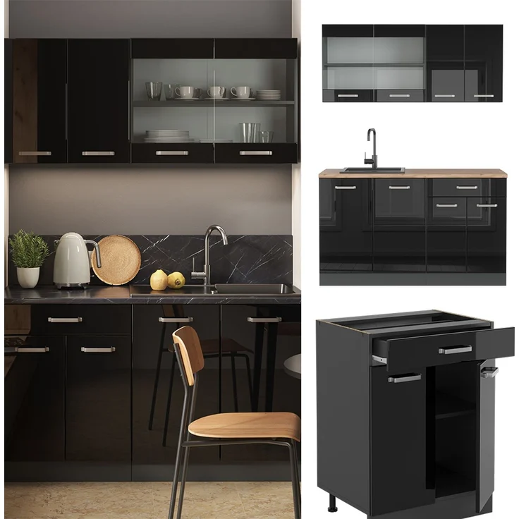 Singleküche R-Line Schwarz Hochglanz/Anthrazit 140 cm ohne Arbeitsplatte Vicco – Bild 2