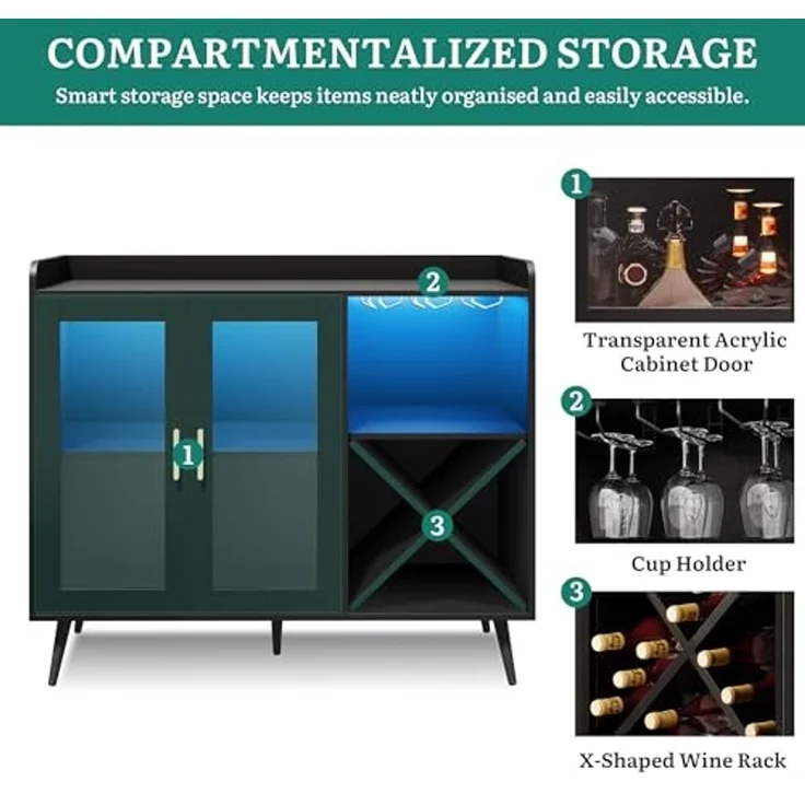 YITAHOME Barschrank mit verstellbaren LED-Lichtern, Kaffeebar mit Weinregal & Haken & Acryl-Türschrank, Küche Buffet Sideboard für Home Bar/Esszimmer/Wohnzimmer, Schwarz – Bild 7