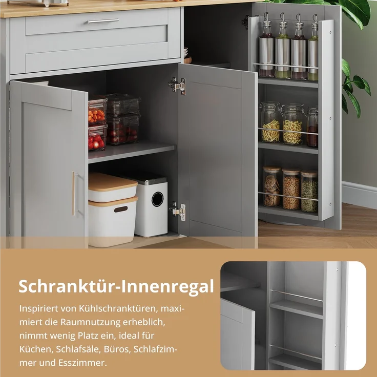 L132.5*B44(70)*H90cm großer mobiler Küchentisch, Arbeitsplatte klappbar, Eiche Maserung, multifunktionaler Schrank, Gewürzregal, Handtuchhalter, 5 Rollen, geeignet für Küche/Essen/Haus – Bild 7