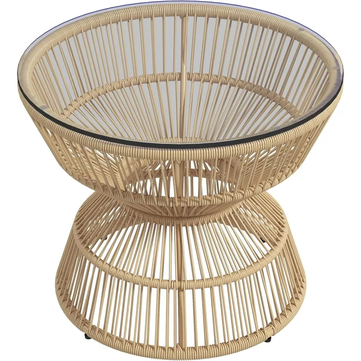 Outsunny Beistelltisch Rattan, Ø60 cm Couchtisch Gartentisch mit Tischplatte aus Hartglas, Balkontisch im Boho-Design, Kaffeetisch für Garten, Balkon, Naturholz