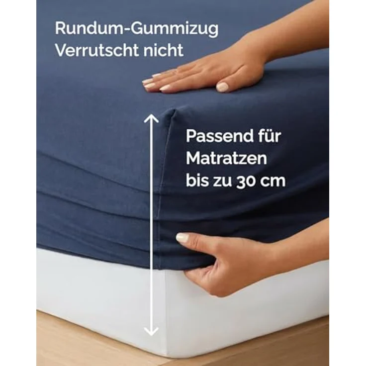 Spannbettlaken Jersey 180x200 - Baumwolle Boxspringbett 30cm - Marineblau | Spannbetttuch, Rundumgummi, Dehnbar, Weich, Atmungsaktiv, Knitterfrei, Pflegeleicht, Baumwoll-Jersey, Bis 30cm, OEKO-TEX – Bild 5