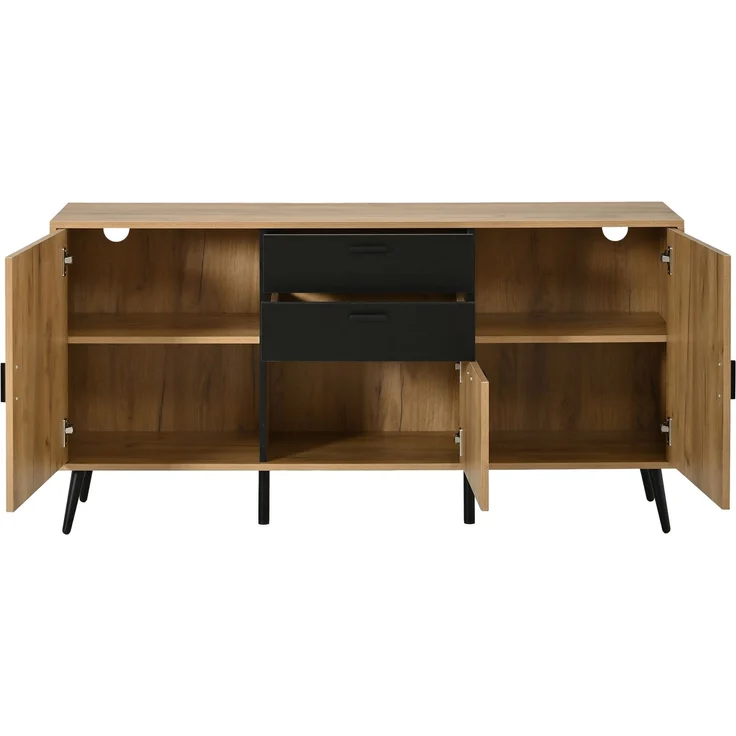 Merax Kommode, Sideboard, Mit Großer Arbeitsplatte, 2 Schubladen, 3 Türen, Beistellschrank Fur Wohnzimmer Esszimmer Küche, Schwarz+Holzfarbe – Bild 9
