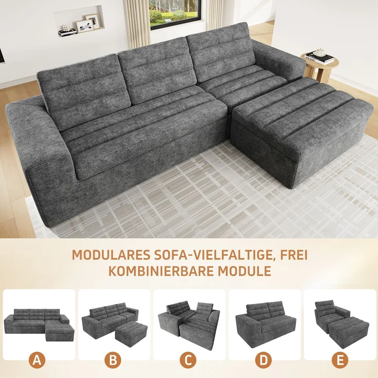 Ecksofa 253 x 161 x 89 cm in Hellgrau, modulares Chenille-Sofa mit Hocker, rahmenloser Schaumstoffpolsterung – Bild 8