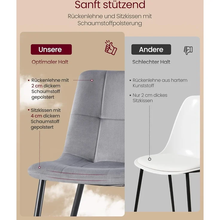 Küchenstühle gepolstert, Esszimmerstühle Samt, moderner Sessel mit verstellbaren Füßen, für Wohnzimmer, 6er Set, grau – Bild 6