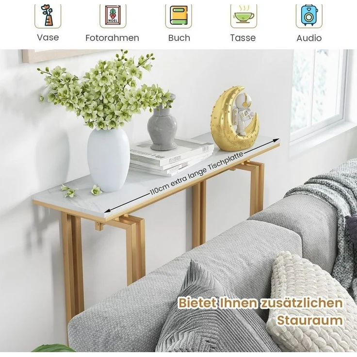 COSTWAY Konsolentisch, Mamor, schmal, Metallrahmen, 110x30x81cm, gold – Bild 2