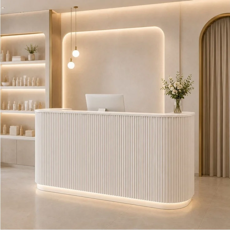 Muxing Empfangstheke Geschwungene,mit Rillenfront und LED-Lichtstreifen (1-St), modern, vielseitig, sofort einsatzbereit, 80 x 100 x 60 cm, Beige – Bild 3