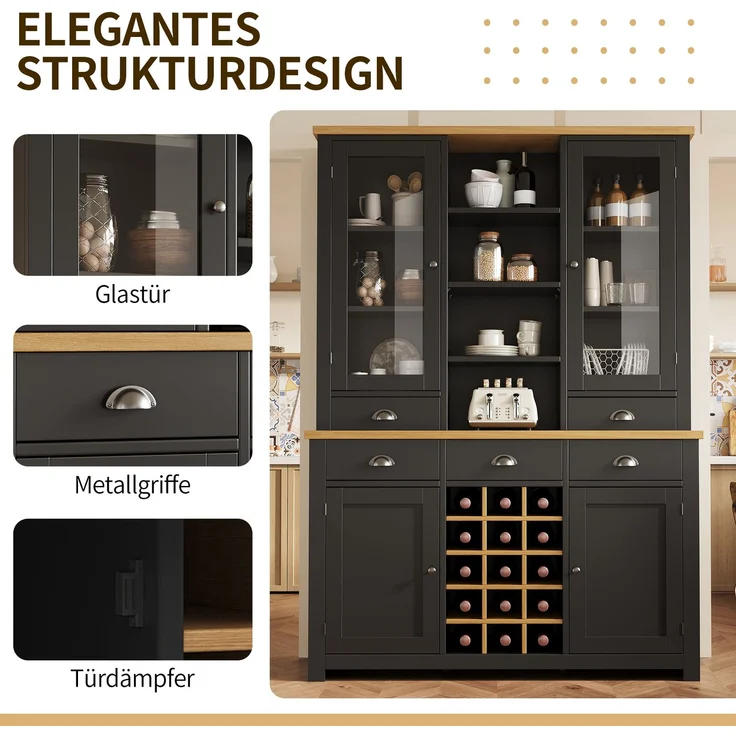 Merax Mehrzweck-Hochschrank für Zuhause mit Kippschutz, Standschrank für Küche und Wohnzimmer mit Glastür, Metallgriffen und Soft-Close-Funktion, herausnehmbares Weinregal, Schwarz – Bild 6