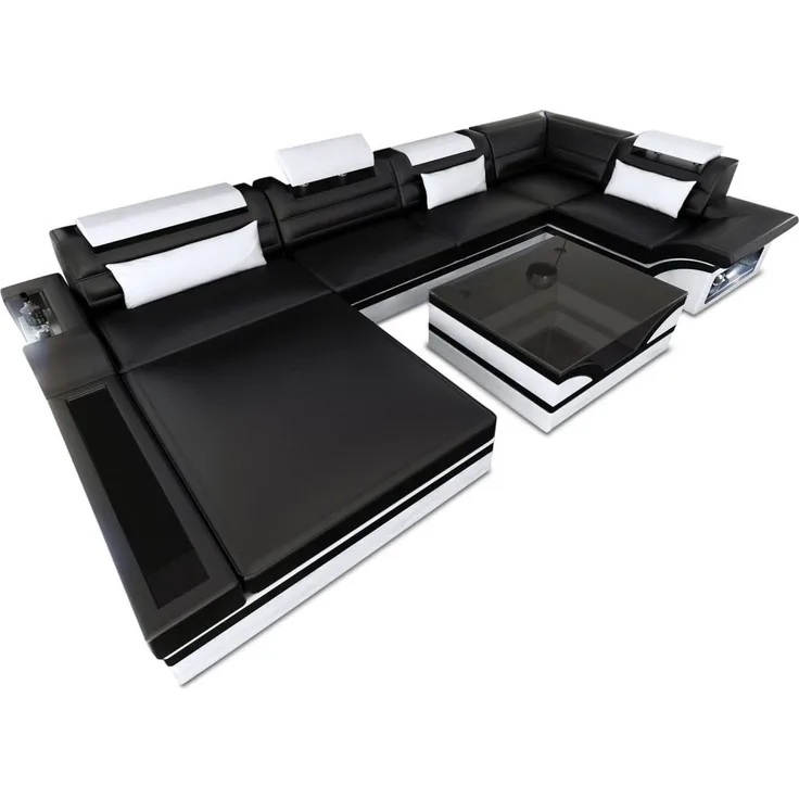 Sofa Dreams - Luxus Wohnlandschaft Mezzo mit LED - Ledermix - schwarz-weiß - Links