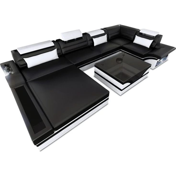 Sofa Dreams - Luxus Wohnlandschaft Mezzo mit LED - Ledermix - schwarz-weiß - Links – Bild 1