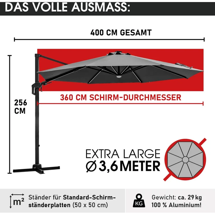 BRAST Alu Sonnenschirm Ampelschirm Ø360cm Grau + LEDs Windsicherung & Schützhülle UV-Schutz 80+ wasserabweisend mit Kurbelvorrichtung drehbar schwenkbar & höhenverstellbar – Bild 2