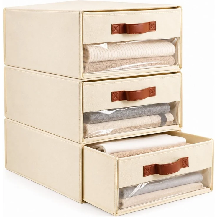LEMLIT Aufbewahrungskorb 3 Stück Schubladen Kleiderschrank Organizer Faltboxen mit Fenster (3 Stück, 3 St, 40 x 32 x 17 cm), faltbar und stapelbar, mit Sichtfenster für Kleiderschrank – Bild 1