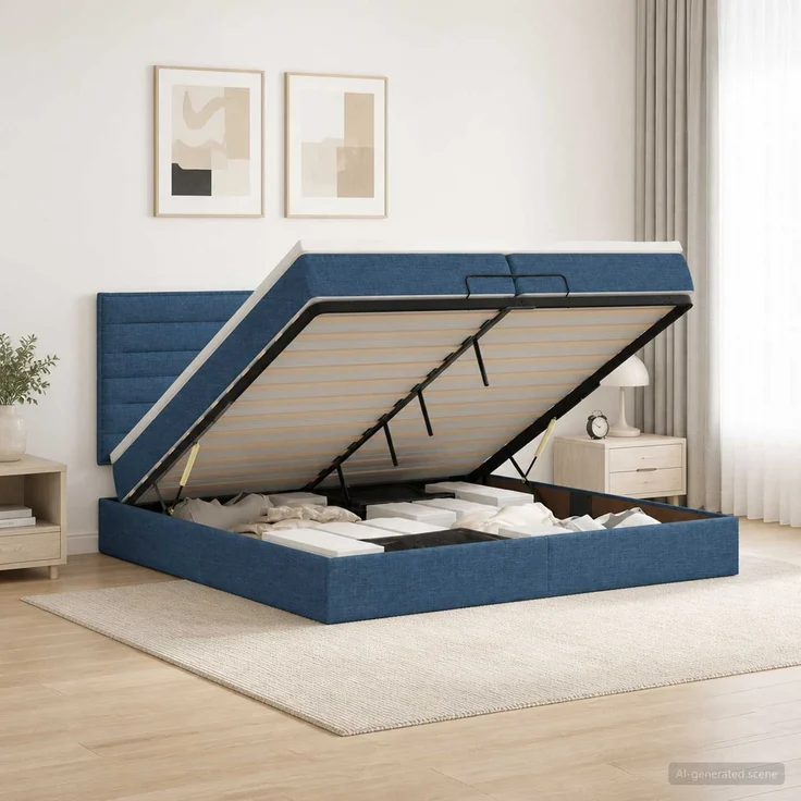 vidaXL Ottoman Bett mit Matratze mit Kopfteil Blau 200 x 200 cm Stoff 3457438 – Bild 1