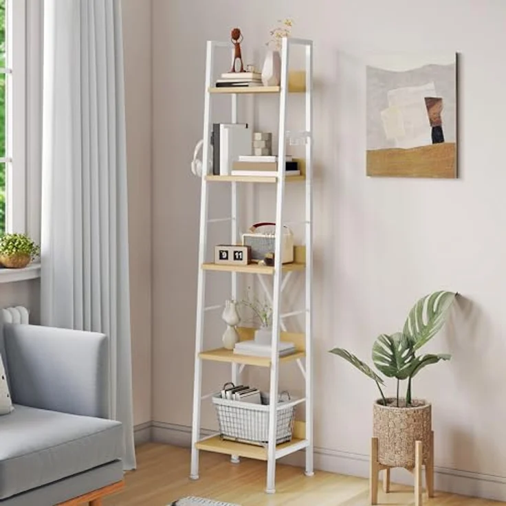 YITAHOME Schmal Bücherregal mit 5 Ebenen 35 cm Breit, Industrielles Leiterregal Standregal Holzregale und Metallrahmen, Modernes Regal für Wohnzimmer, Weiß und Eiche – Bild 2