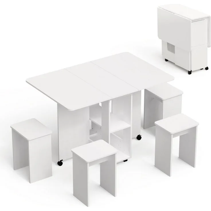 Mondeer Essgruppe Esstisch mit 4 Hockern, Platzsparend, 3-in-1-Funktion, Rollbar & Stabil 120x80 cm