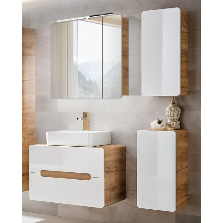 Badezimmer Möbelset mit Keramik Waschtisch LUTON-56 in Hochglanz weiß mit Wotan Eiche Nb, B/H/T ca. 130/200/46 cm – Bild 1