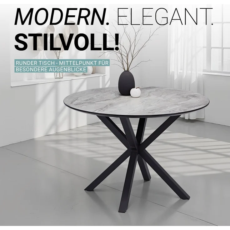 Esstisch mit 4 Stühlen Set Essgruppe Polsterstühle Leinen Grau Esszimmertisch Rund Ø 110 cm Modern Metall Schwarz – Bild 6