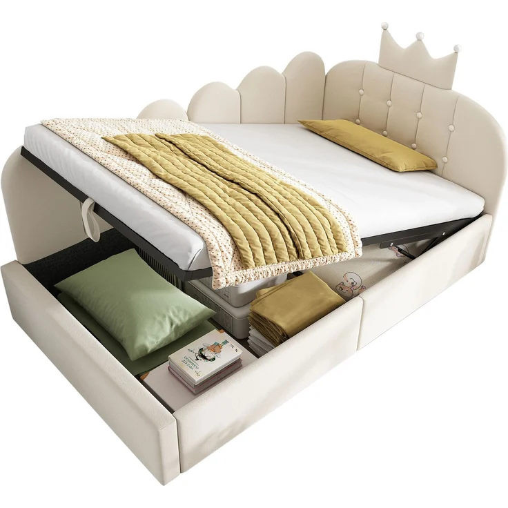 Merax Einzelbett 90x190 cm, Kinderbett, Polsterbett, Daybett, Tagesbett-Schlafsofa mit Stauraum (hydraulisch), Gästebett L-Form Samt, Beige – Bild 10