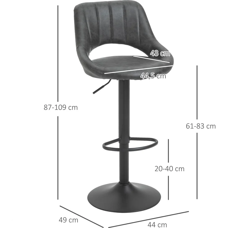 Barhocker 2er-Set, Lederoptik, drehbar, höhenverstellbar, Fußstütze, Metallrahmen, 47 x 52 x 87-109 cm, Grau--Grau--109x47x52cm--YOUDENOVA – Bild 5