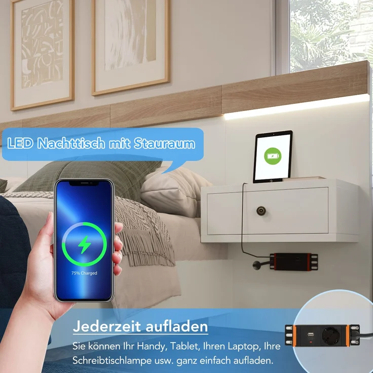 EINHOM Doppelbett Bettanlage mit 2 LED Nachtkommoden & USB C Steckdose 180 x 200 cm Holzbett Inkl 2 Nachttischen Schlafzimmer Komplett--205 x 284 cm × 90,5 cm (t/B/H) Set in Eiche Sonoma/Weiß, (Ohne Matratze) – Bild 5