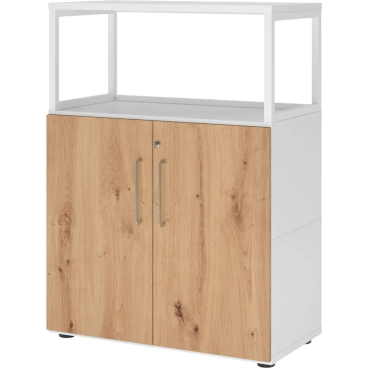 bümö flexi Aktenschrank abschließbar mit Flügeltüren & 1 Regalfach offen in Weiß/Asteiche, Büroschrank mit werkzeuglosem Schnellmontage-Klicksysten in modularer Bauweise, FW38T2RG-W-R-BS