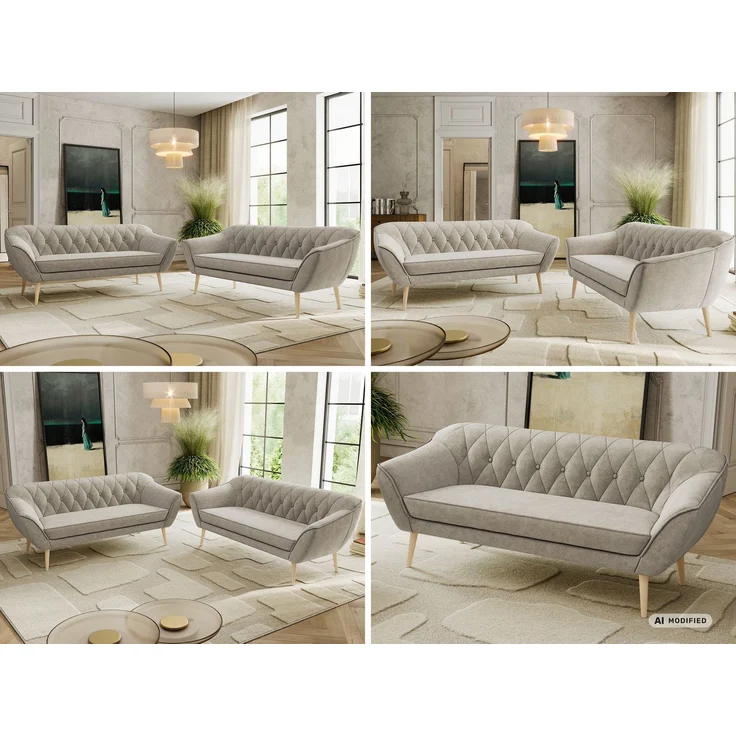 Wohnzimmerset Möbelset PIRS 3-3, Armlehnen, Wellenfederung, Buche Füße, Dreisitzer Sofa, Polstermöbel Set - Beige Stukture – Bild 2