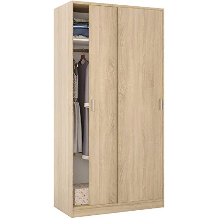 Kleiderschrank mit zwei Schiebetüren mit Kleiderstange und einem Innenregal, Eichenfarbe, Maße 100 x 200 x 50 cm – Bild 2