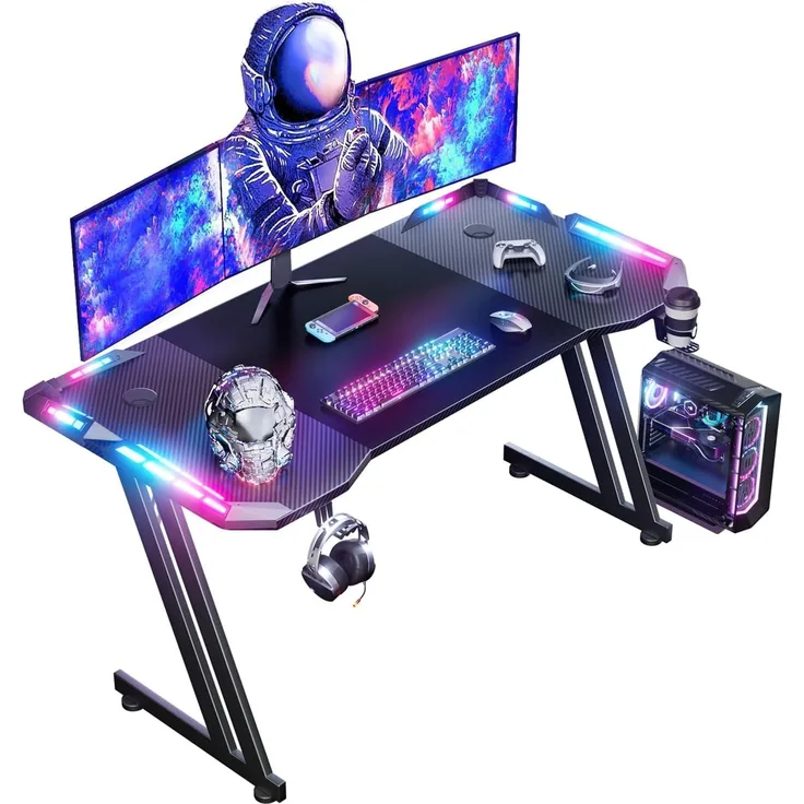 RGB Gaming Schreibtisch 140cm mit Fernbedienung mit LED-Beleuchtung Belastbar Arbeitstisch Gaming-Tisch Gaming-PC Computertisch Mit Getränkehalter und Kopfhörerhaken