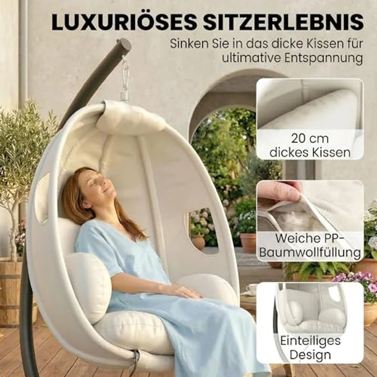 Outsunny Hängesessel mit dick Sitzpolstern, verstellbarer Höhe, Sicherheitsgurt (Eiförmiger Hängeschaukel, 1-St, faltbar Hängekorb), für Indoor Outdoor Garten Hellgrau – Bild 4
