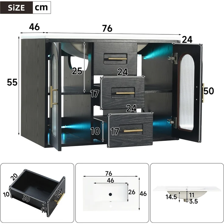 Waschtischschrank 76x46x55 cm Schwarz mit geriffelter Glastür, LED und Keramikwaschbecken – Bild 5