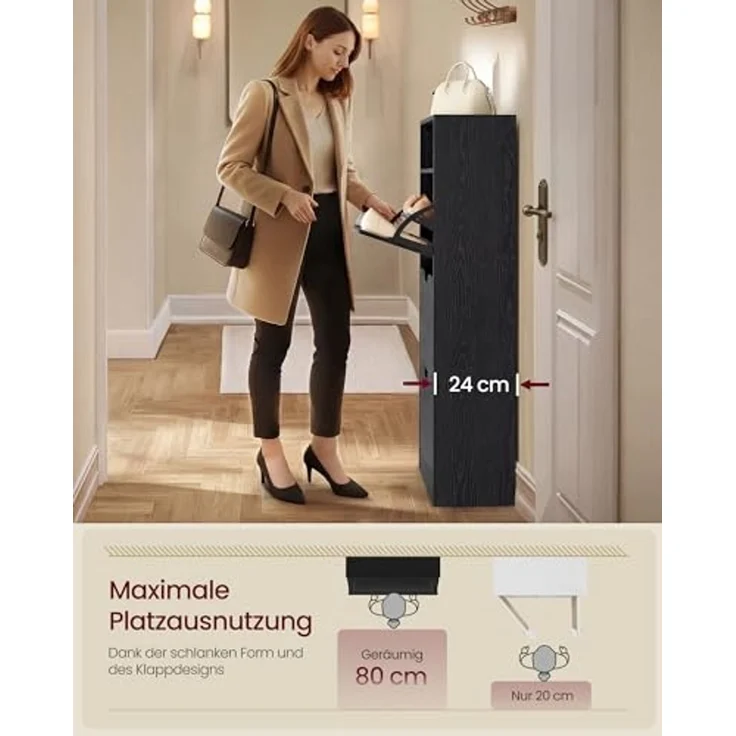 Vasagle Schuhschrank 3 Klappen, Schuhkipper, Schuhregal, Schuhaufbewahrung, offenes Fach, Trennwand verstellbar, für 14-18 Paar Schuhe, Flur, 24 x 60 x 139 cm, ebenholzschwarz LBCDE046B03 – Bild 4