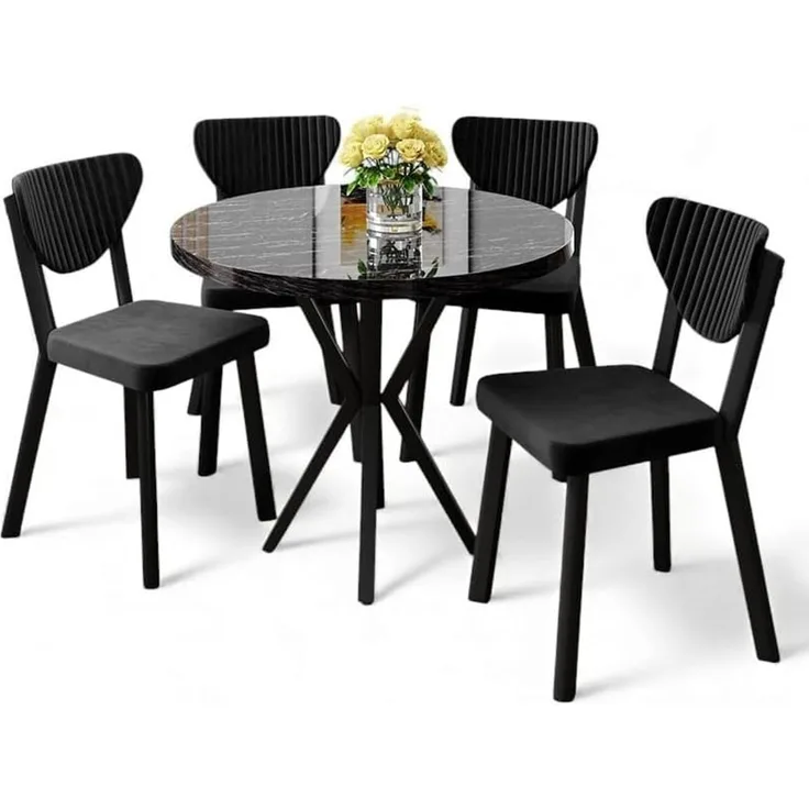 Modernes 5-teiliges Esszimmer-Set mit Tisch und Stühlen, Schwarzer Marmor & Schwarz | 100% melaminbeschichtete Spanplatte, Metallbeine | Stilvolles skandinavisches Design für Ihr Zuhause