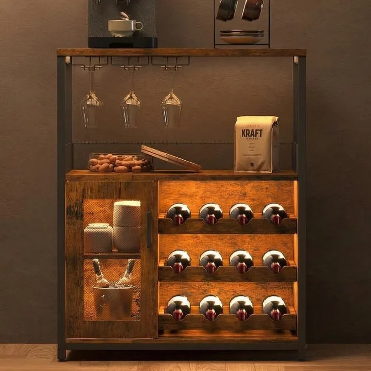 Garvee Weinschrank Weinregal Industrial Barschrank mit Verstellbarem | Weinregal und Glashalter Getränkeaufbewahrung Weinbarschrank für Küche Esszimmer Wohnzimmer 70 x 35 x 92 cm Retro