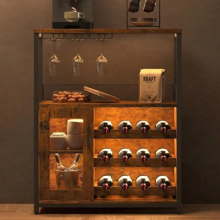 Garvee Weinschrank Weinregal Industrial Barschrank mit Verstellbarem | Weinregal und Glashalter Getränkeaufbewahrung Weinbarschrank für Küche Esszimmer Wohnzimmer 70 x 35 x 92 cm Retro