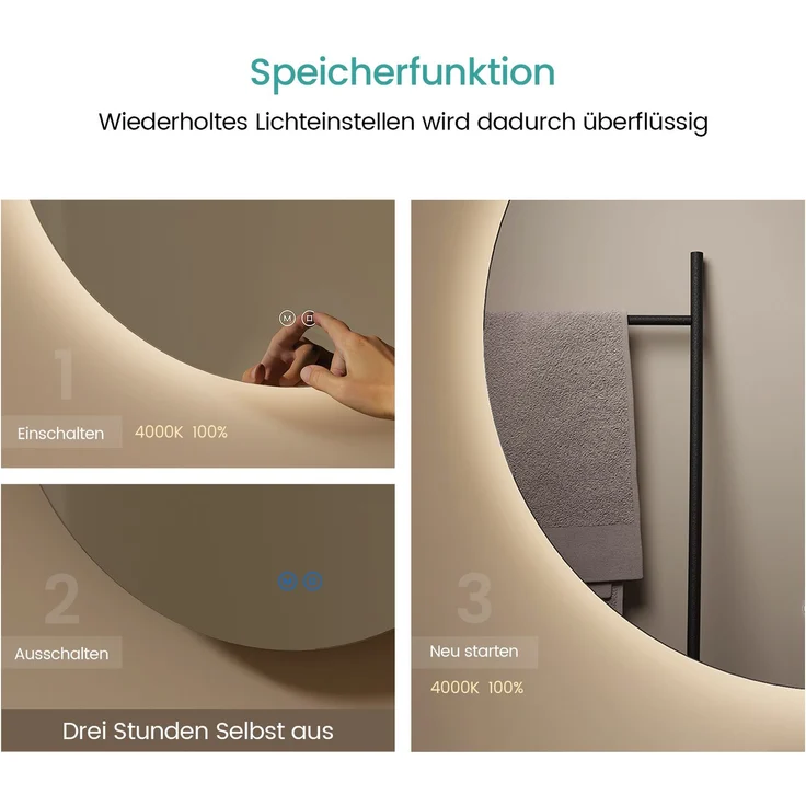 EMKE Rund Badspiegel mit LED Beleuchtung Touch 3 Lichtfarbe Dimmbar ф60cm Lichtspiegel – Bild 4