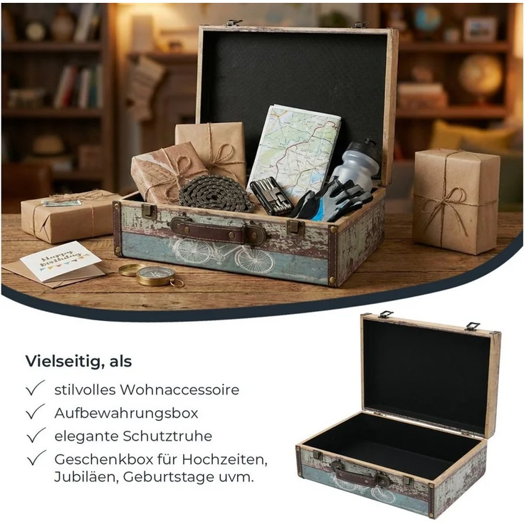 HMF Aufbewahrungsbox Handgefertigter Vintage Koffer aus Holz, Deko Koffer, Geschenkkoffer im Fahrrad Design, 38 x 26 x 13 cm – Bild 3