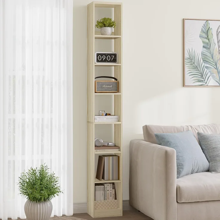 Bücherregal, 7-Tier Bücherschrank, Würfelregal, Modernes offenes Regal aus Holz, Aufbewahrungsregale und Präsentationsregale für Wohnzimmer, Home Office, Schlafzimmer, Eichenbeige