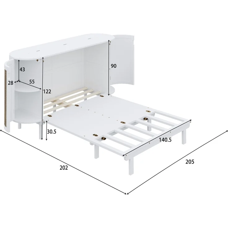 Schrankbett 140x200 cm, vertikales Wandklappbett aus Holz in Weiß mit Rattan-Optik und Staufächern – Bild 10