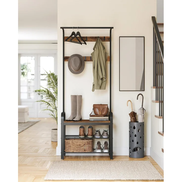 Vasagle Kleiderständer Garderobenständer rustikal mit 9 Abnehmbaren Haken Schuhregal mit Sitzfläche 3 Ablagen Holz Metall 72 x 183 x 33.7 cm Vintage von Songmics HSR40B – Bild 8