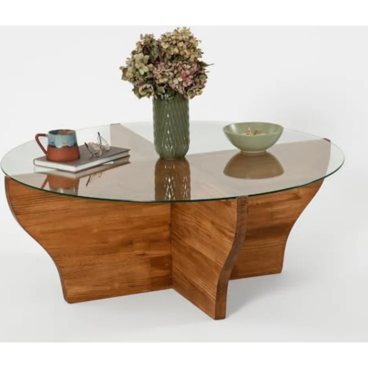 Modern Coffee Table, Chestnut Color, 92 x 36 x 92 cm | 100% Tempered Glass Top, 100% Pine Solid Wood Frame | Stylish & Functional for Living Spaces – Bild 2