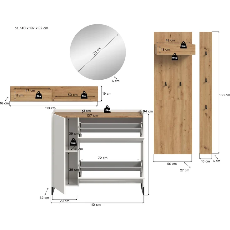 Garderobenkombination B/H/T: 197x236x32 cm in weiß Nachbildung und Artisan Oak Nachbildung – Bild 4
