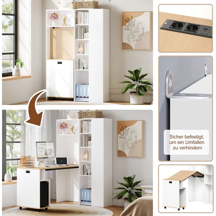 Klappbarer Schreibtisch mit Ablagen –2-in-1-Bücherregal und Schreibtisch, klappbar, mit Steckdose und USB-Anschluss, höhenverstellbare Ablagen, Kippschutz, weiß-Schreibtisch,Eck-Schreibtisch-rechts – Bild 5