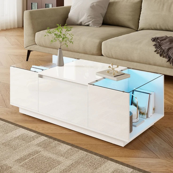 LED-Couchtisch 105×50×35 cm Weiß Hochglanz Tisch mit Glasplatten, LED-Beleuchtung steuerbar via Bluetooth und App – Bild 5
