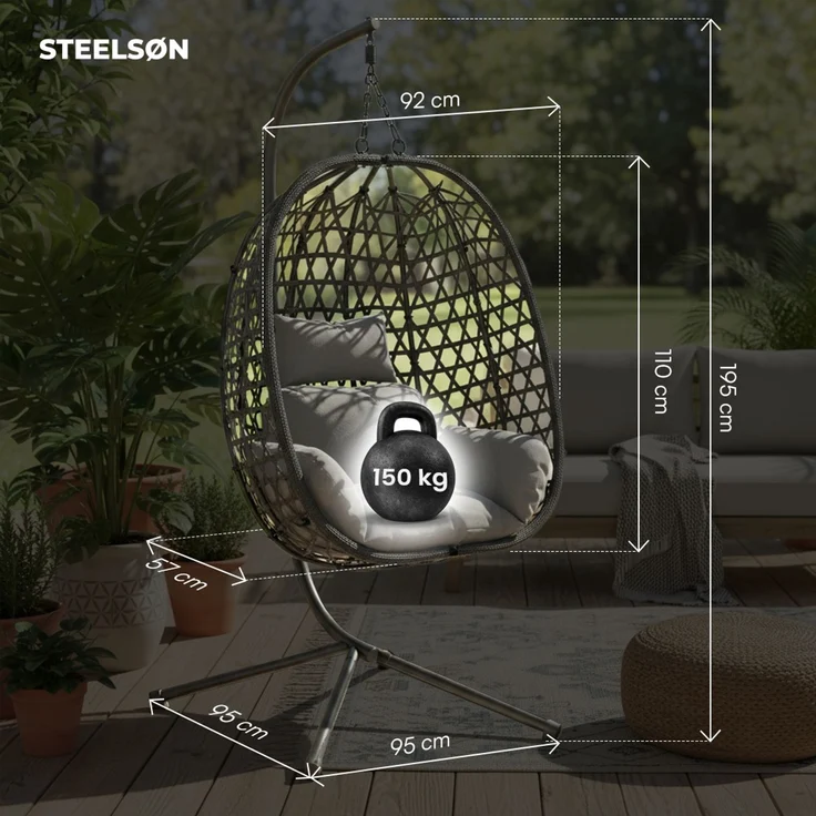 STEELSØN 'Sarin' Hängesessel mit Metallgestell, höhenverstellbar und faltbar, wetterfest, Polyrattan, dunkelgrau/schwarz, bis 150 kg belastbar, inkl. Kissen – Bild 6