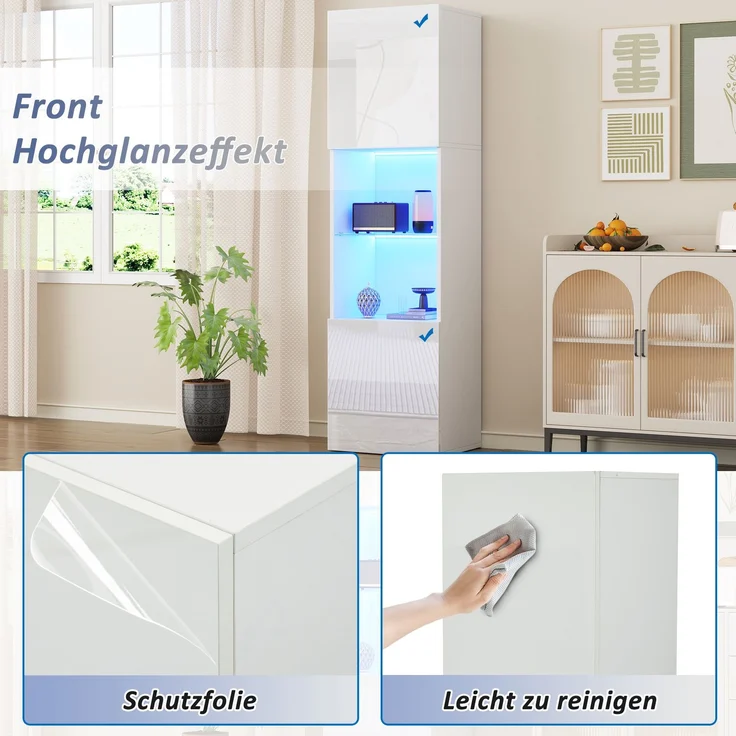 DESVIAE Vitrine mit LED-Beleuchtung und Glasboden, 45x160x35 cm, Spanplatte, Weiß Hochglanz – Bild 4